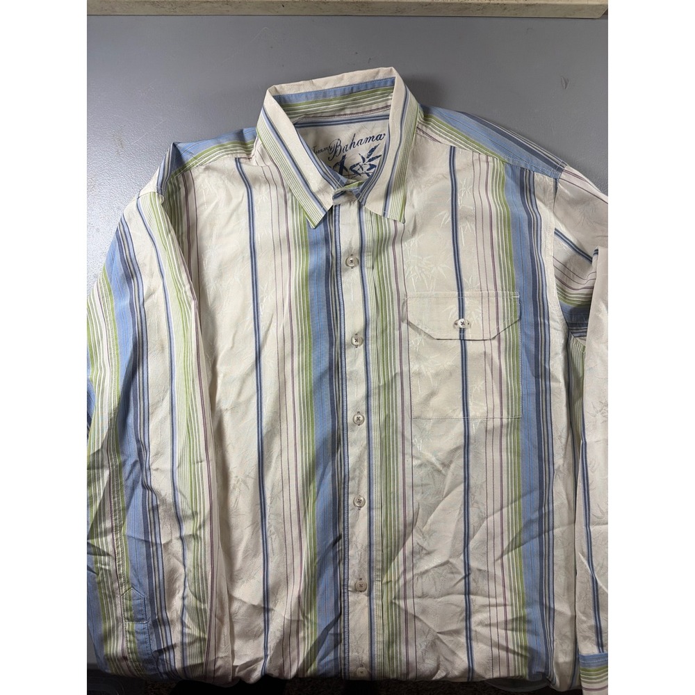 Tommy Bahama Shirt Mens Large Cream Blue Green Silk Cotton Striped Palm Jacquard - Picture 2 of 7